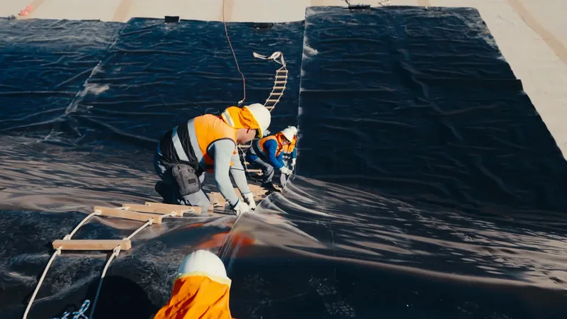 Cuadrilla instalando geomembrana en talud; fotograma real del video de Arauken