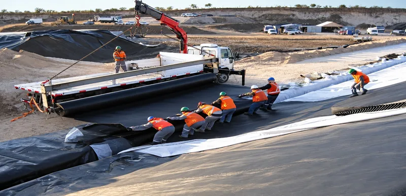 Equipo desplegando una geomembrana en obra